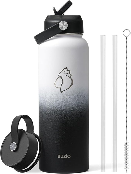 BUZIO Insulated Water Bottle with Straw Lid and Flex Cap, 40oz Modern Double Vacuum Stainless Steel Water Flask, Cold for 48 Hrs Hot for 24 Hrs Simple Thermo Canteen Mug, White and Black