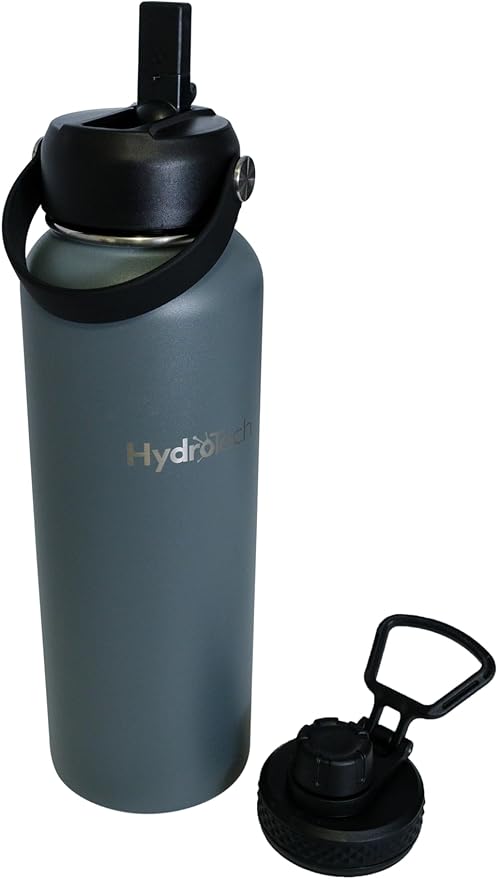 HydroTech Stainless Steel Leak Proof Water Bottle with Double Wall Insulation and 2 Lids (Straw Lid) - 40 OZ. (Dark Gray)
