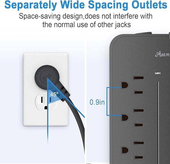 20FT Surge Protector Extension Cord with Flat Plug, 8 Outlets, 3 USB A & 1 USB-C Port, 1700J Wall Mount Desk Power Strip Black, ETL Listed