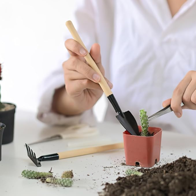 Garneck 8 Sets Mini Gardening Tools with Metal Rake Trowel and Shovel - Succulent Potting Planting Kit for Indoor - Small Gardening Tools for Cultivating Weeding Transplanting