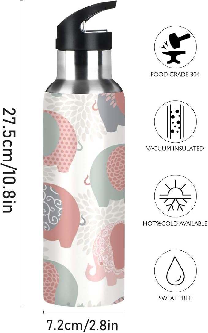 Cute Colorful Elephants Stainless Steel Water Bottle with Straw, BPA Free Reusable Leakproof Water Jug for Fitness Camping Outdoor Sports