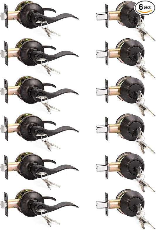 KNOBWELL 6 Pack Keyed Alike Entrance Door Lever Door Handle Exterior Door Lock Set with Deadbolt Reversible for Right and Left Side and A Single Cylinder Deadbolt Set