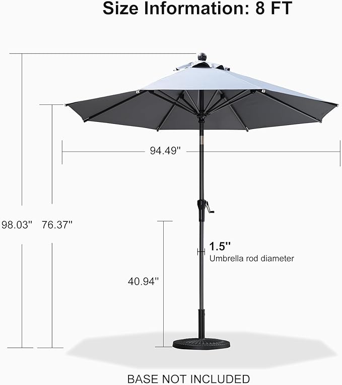 PURPLE LEAF 8' Round Patio Umbrella Outdoor Table Umbrella Aluminum Frame Market Umbrella Sun Umbrella with 8 Sturdy Ribs & Tilt for Garden Deck Lawn & Pool Light Gray