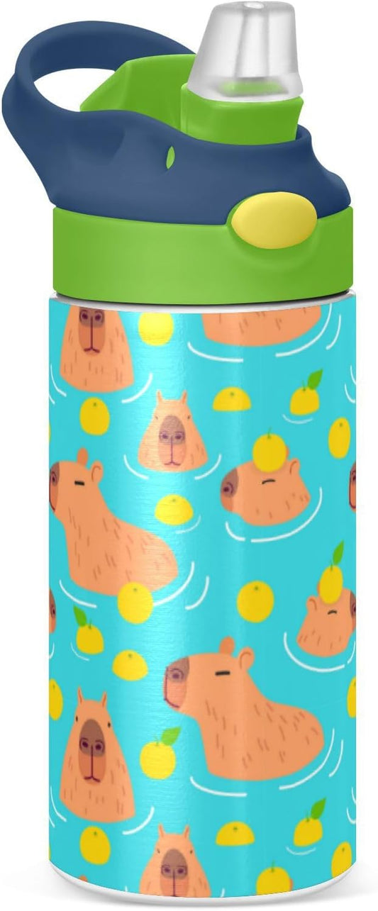 Cute Capybaras Kids Water Bottle with Straw Lemon Insulated Stainless Steel BPA-Free Sport Bottles for Boys Girls Toddlers 12 oz Green Lid