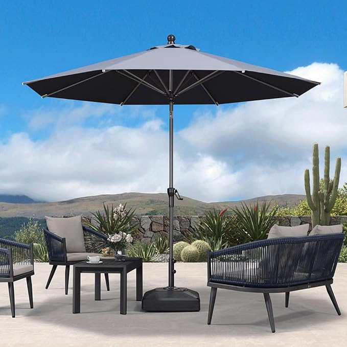 PURPLE LEAF 10' Round Patio Umbrella Outdoor Table Umbrella Aluminum Frame Market Umbrella Sun Umbrella with 8 Sturdy Ribs & Tilt for Garden Deck Lawn & Pool Gray
