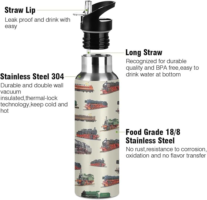 Train Stainless Steel Water Bottle with Straw Lid - 20 Oz Sports Insulated Water Bottle Thermos for Sport Gym Outdoor Travel School