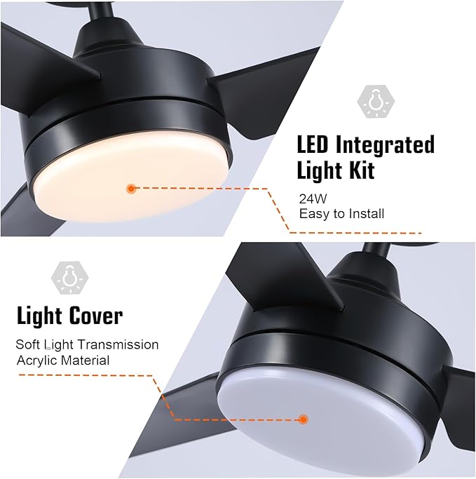 Black Ceiling Fans with Lights and Remote Control，Modern 52 Inch Ceiling Fans with Lights and 6-Speed Modes -Adjustable Dimming - DC Motor - Perfect for Living Room, Bedroom，Dining Room