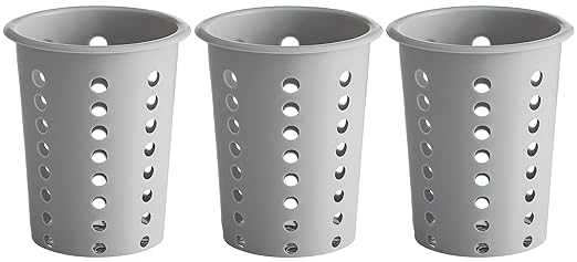 OCS Parts Perforated Utensil Drying Cups | Gray | Set of 3 | Plastic Flatware Holder Cylinders for Kitchen Counter Organization