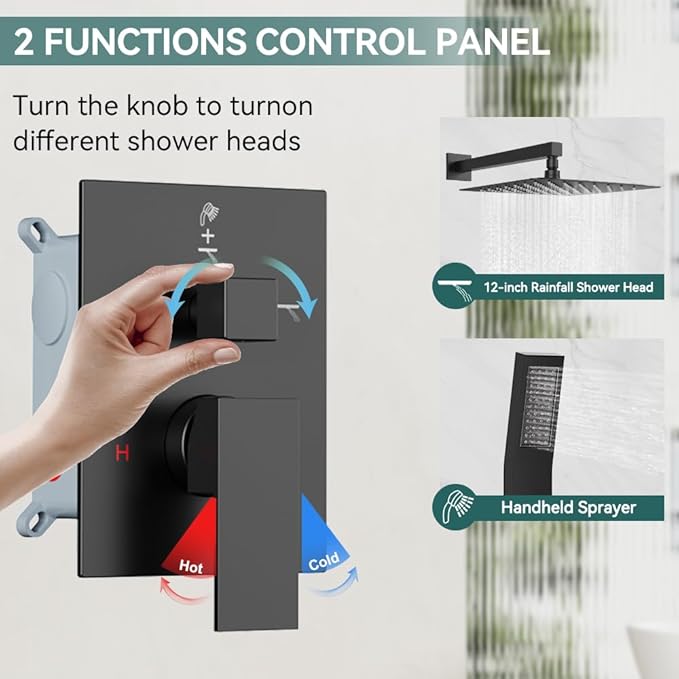 Shower Faucet Set Matte Black Shower System, Starbath 12" Rain Shower Head and Handheld Spray Shower Set Complete Wall Mounted,2 Way Pressure Balance Shower Valve and Trim Kit Included