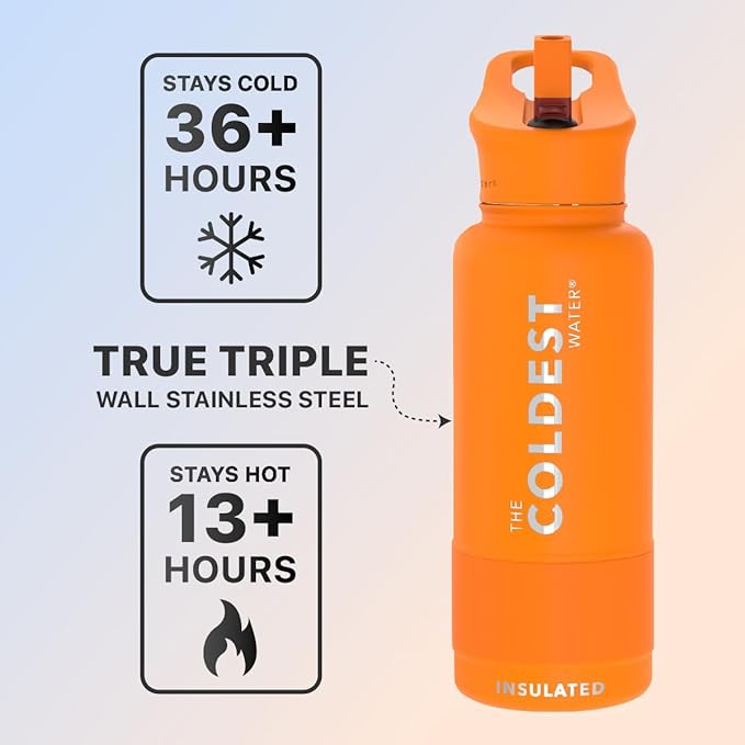 Coldest Sports Water Bottle with Straw Lid Vacuum Insulated Stainless Steel Metal Thermos Bottles Reusable Leak Proof Flask for Sports Gym (32 oz, Orange)