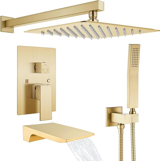 gotonovo Shower System with Tub Spout,Waterfall Tub Shower Faucet Set for Bathroom Head and Handle Set Wall Mounted 3 Function Rough-in Valve and Trim Included 10 inch Shower Head Brushed Gold