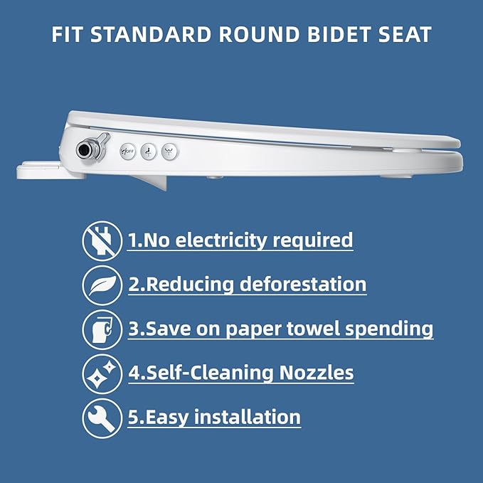 Bidet Toilet Seat, Soft Close Round Toilet Seat, Button control Feminine/Posterior Wash Switch, Knob Control Water Pressure,White Bidet Seat Attachment with Brass inlet