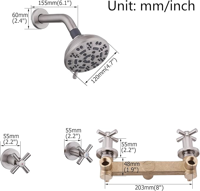 2 Handle Shower Faucet,Wall Mounted Two Handles Shower Faucet Set with 8 Modes Rainfall Shower Head,2 Knobs Single Function Shower Trim Kit with Rough-in Valve,Brushed Nickel