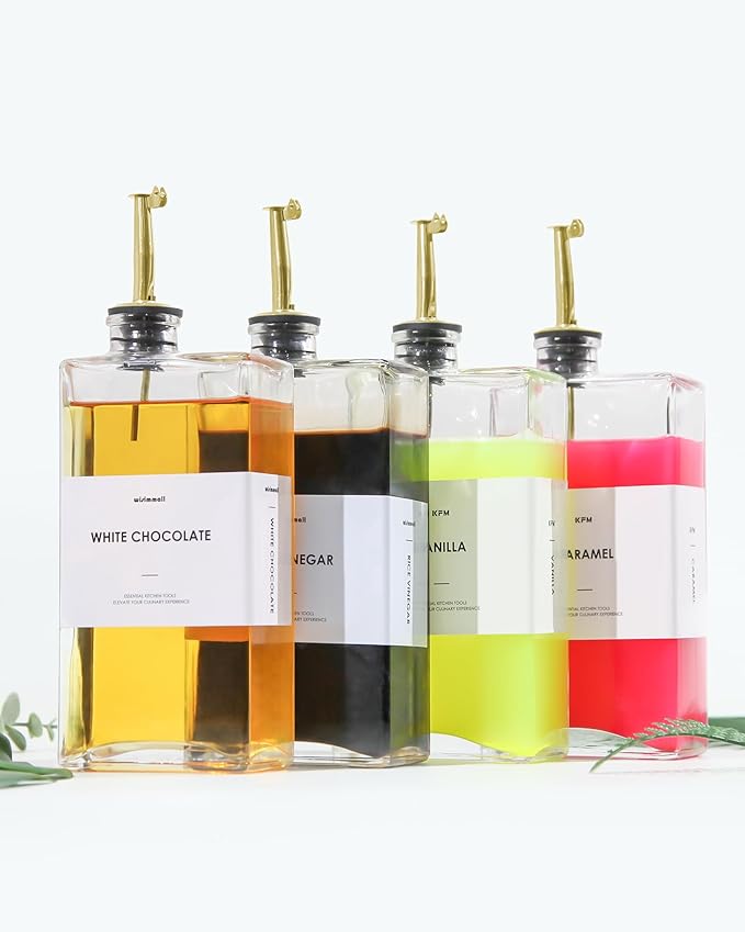 Olive Oil Dispenser For Kitchen, Glass Oil Bottle 350ML Oil And Vinegar Dispenser Set Of 4 with 4 Stainless Steel Pourers & 88 Labels, Soy Sauce Dispenser, Coffee Syrup Bottles