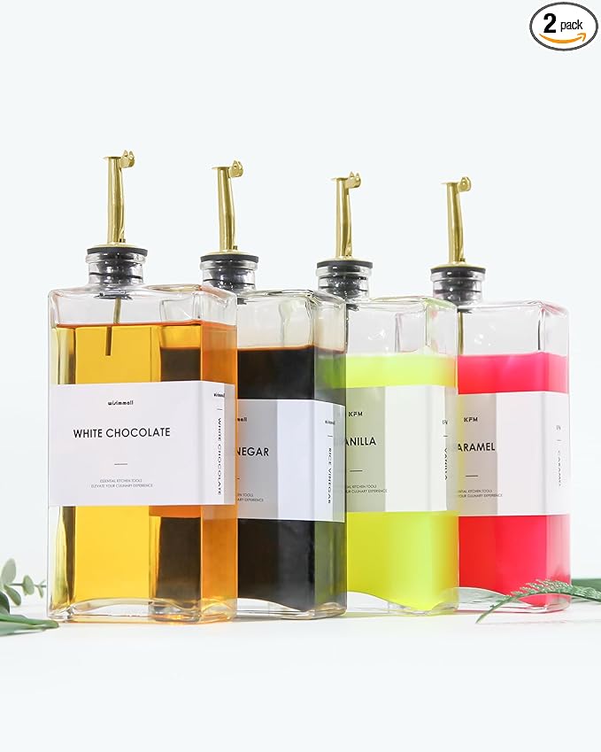 Olive Oil Dispenser For Kitchen, Glass Oil Bottle 500ML Oil And Vinegar Dispenser Set Of 4 with 4 Stainless Steel Pourers & 88 Labels, Soy Sauce Dispenser, Coffee Syrup Bottles