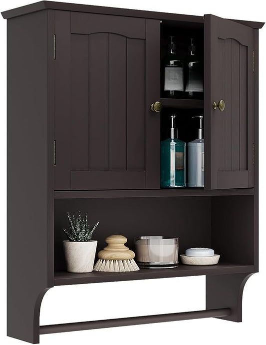 Smuxee Brown Wall Cabinet with Towel Bar - Medicine Cabinet with Adjustable Shelves, Over Toilet Cabinet for Laundry Room Kitchen