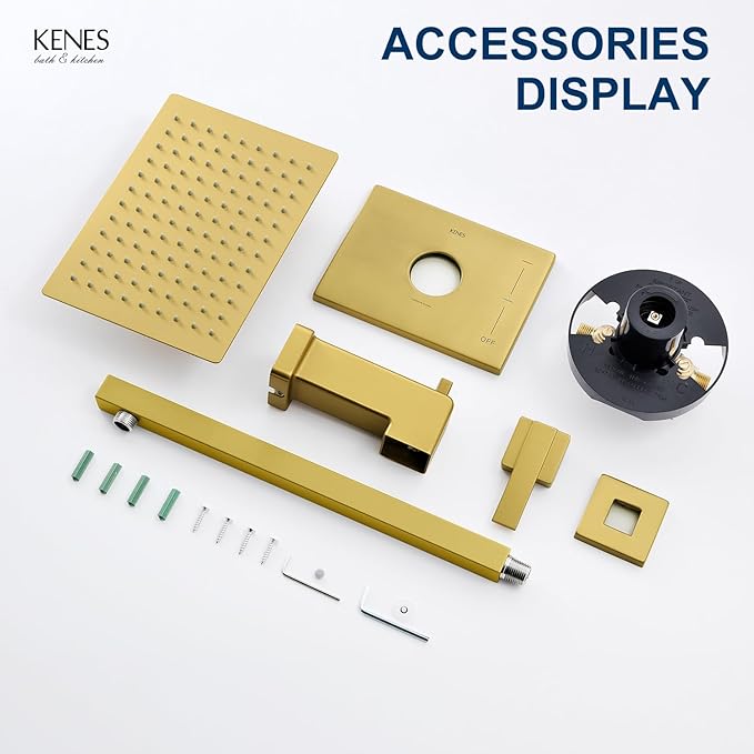 KENES Brushed Gold Tub and Shower Trim Kit, Modern Shower Faucet Set with Single-Spray Gold Shower Head, Square Shower Faucet, KE-6024A-4 (Shower Valve Included)