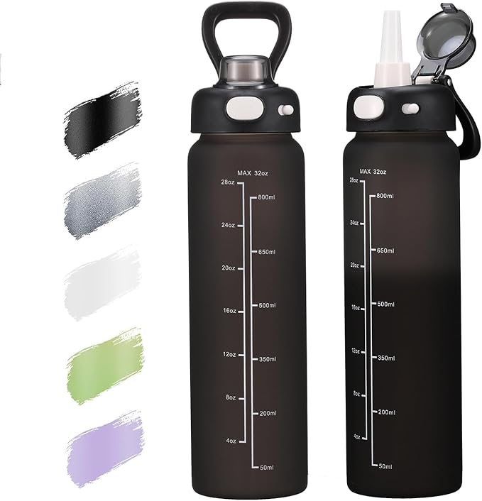 SIEROZUR 32 oz Glass Water Bottle with Straw and Handle Large Sports Motivational Water Bottle with Locking Lid and Time Marker Leakproof Water Jug for Daily Hydration Intake BPA Free