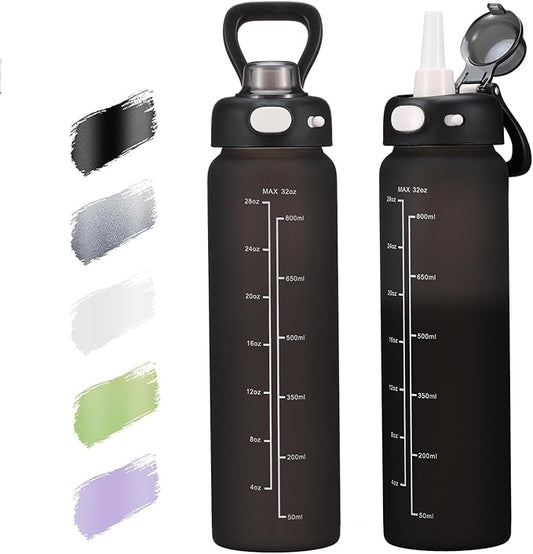 SIEROZUR 32 oz Glass Water Bottle with Straw and Handle Large Sports Motivational Water Bottle with Locking Lid and Time Marker Leakproof Water Jug for Daily Hydration Intake BPA Free