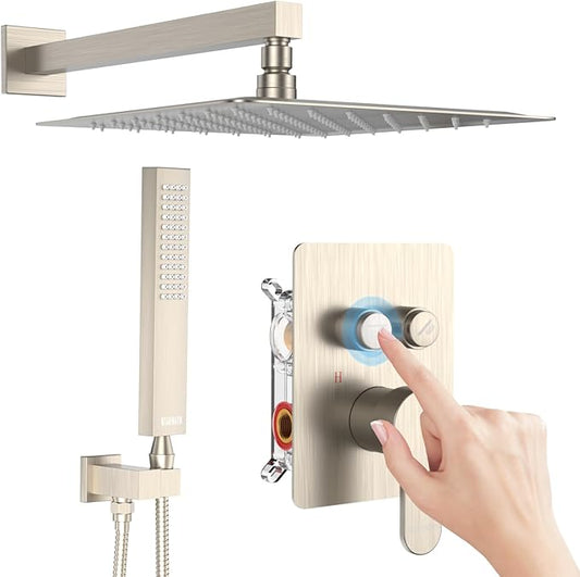 Rainfall Shower System, 12 inch Wall Mounted Rain Shower Head with Handheld Spray, Push Button Diverter 2 Functions Simultaneous Use, Shower Faucet Set Rough-In Valve Includ, Brushed Nickel