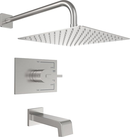 Rain Shower System with Waterfall Tub Spout 2 Function Brushed Nickel Shower Faucet Set Contain 12 Inch Shower Head and Tub Spout Trim Kit (Valve Included)