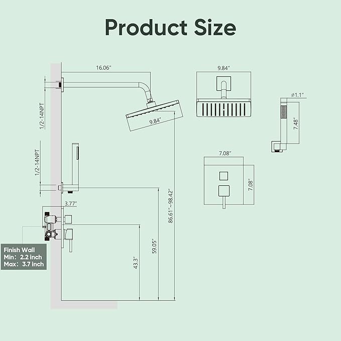 Esnbia Shower Faucet Set, Black Shower System with 10 Inches Rain Head and Handheld Spray, 2 Way Valve Kit, Matte Black