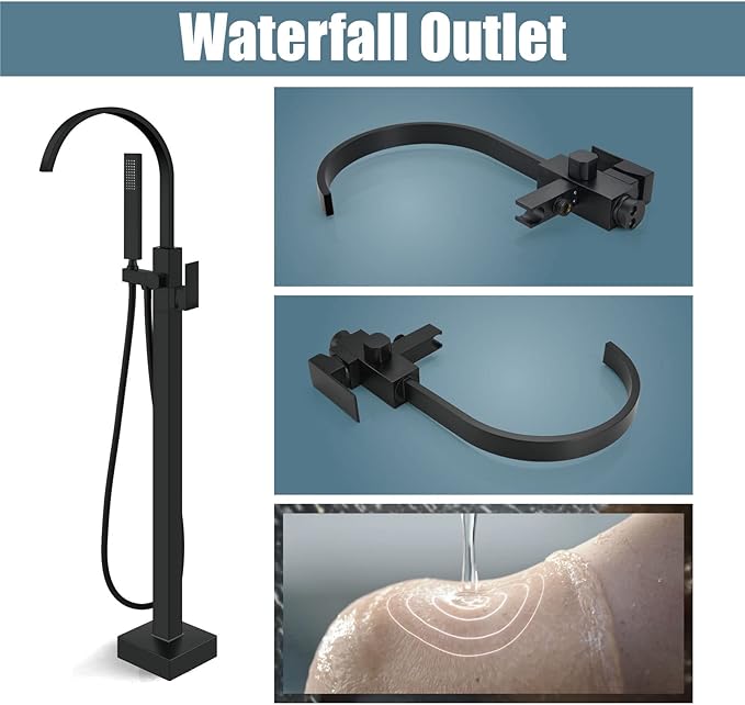 Aolemi Matte Black Freestanding Tub Filler Bathtub Faucet Floor Mounted Bathroom Waterfall Tap Brass Swivel Spout Single Handle with Handheld Shower