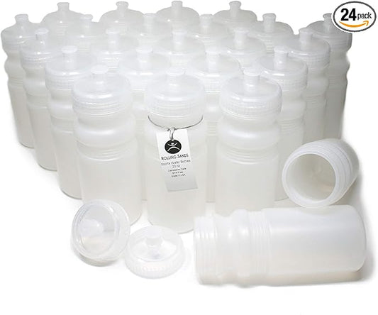 Rolling Sands 20 Ounce Sports Water Bottles 24 Pack, BPA-Free, Made in USA, Dishwasher Safe, Clear Frost Bottles/Clear Lids