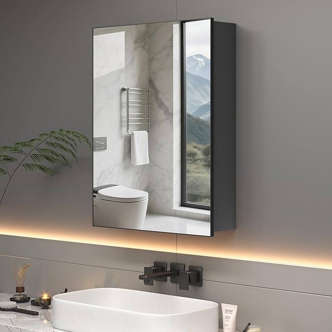 24 x 32 inch Bathroom Medicine Cabinet with Mirror, Black Metal Framed Mirror Medicine Cabinet with Storage, Pre-Assemble Medicine Cabinets, Recessed or Surface Mount