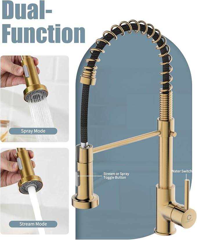 Kitchen Faucet, KF-GB-5001, Brushed Gold, Solid Brass, Single Handle, RV Sink Faucet with Pull Down Sprayer