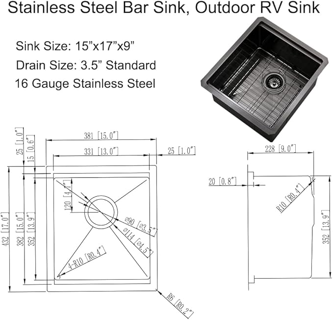 Black Undermount Bar Sink, 15 x 17 Inch Black Stainless Steel Undermount Kitchen Sink Single Bowl 16 Gauge Wet Bar Prep Basin
