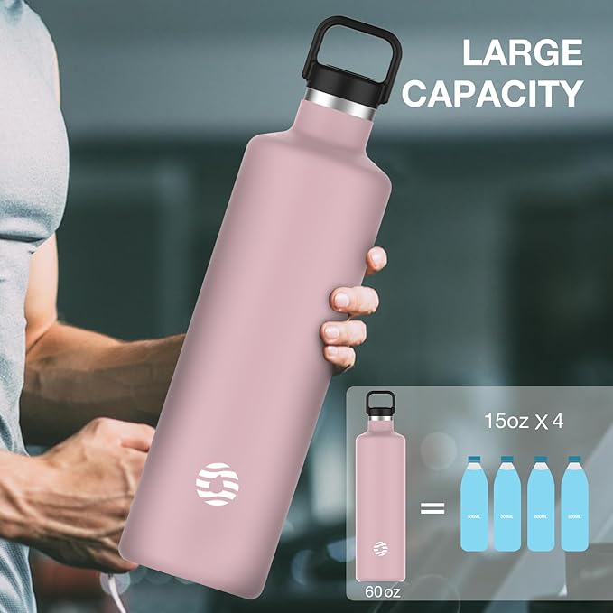 60oz Water Bottle with Carrier Bag, Large Insulated Water Bottle, Stainless Steel Water Bottles, Double Walled Insulated Thermo for Hot Drinks/Cold Drinks, Great for Gym, Hiking, Camping (Light Pink)