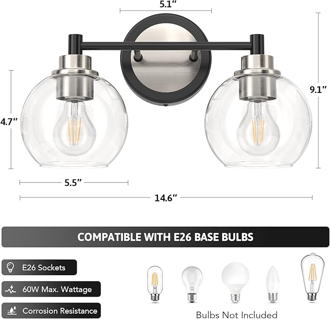 VONLUCE Bathroom Light Fixtures, 2-Light Vanity Light with Globe Glass Shades E26 Sockets, Bathroom Lights Over Mirror for Bedroom Hallway Living Room, Black & Nickel Finish