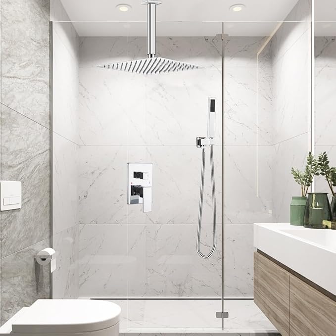 Polished Chrome Shower System Bathroom 16 Inch Rain Shower Head Ceiling Mount with Handheld Luxury High Pressure Shower Combo Set Shower Faucet Rough-in Valve Body and Trim Included