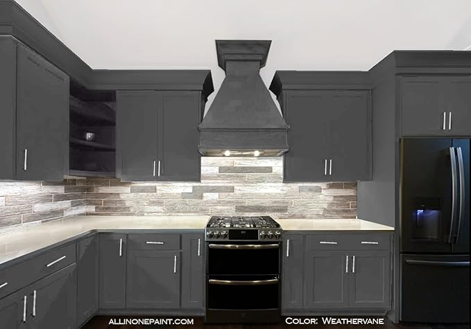 ALL-IN-ONE Paint, Durable cabinet and furniture paint. Built in primer and top coat, no sanding needed. Includes our 30 featured color card - Weathervane (charcoal), Gallon