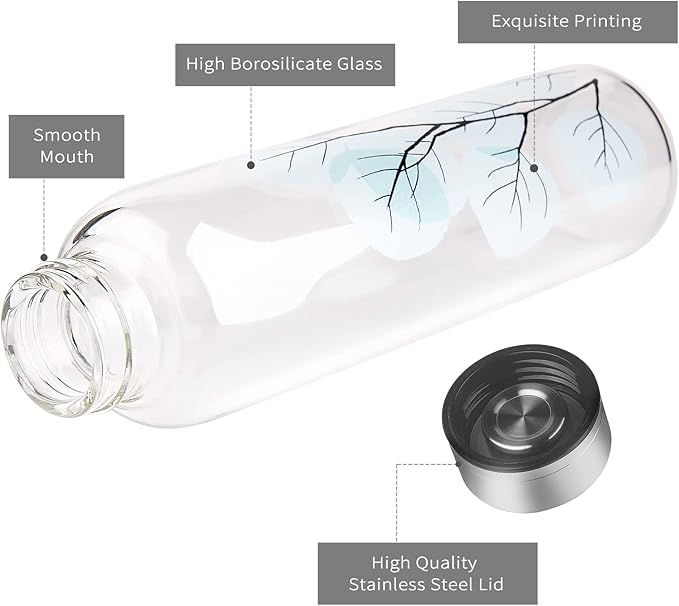 Borosilicate Glass Water Bottle, Sports Glass Drinking Bottle with Neoprene Sleeve and Stainless Steel Lid 16oz / 32oz (16oz, Blue Leaves)