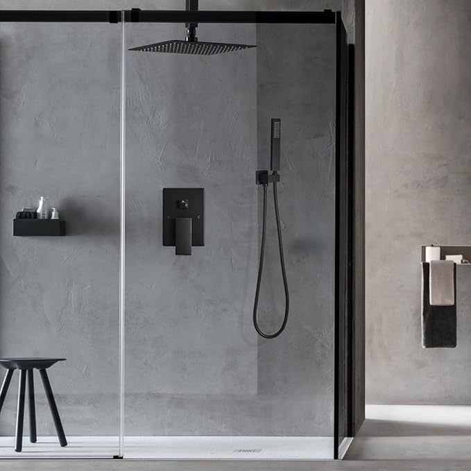 10 Inch Ceiling Mounted Shower System Rain Mixer Shower Combo Set Rainfall Shower Head System Matte Black Shower Faucet Rough-in Valve Body and Trim Included