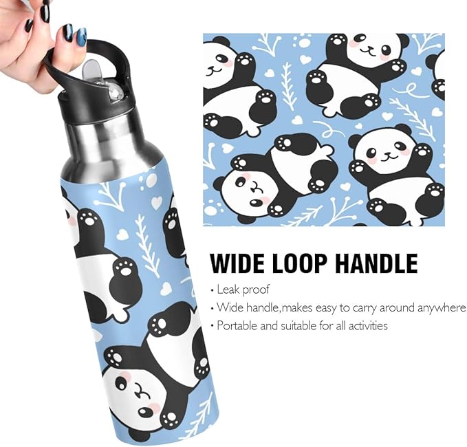 22 OZ Cute Cartoon Panda Water Bottle with Straw - BPA Free Leakproof Stainless Steel Water Bottle for Women Men Water Jug for Fitness Gym Outdoor Sport