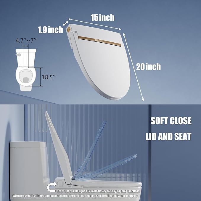 EPPLER Electric Bidet Toilet Seat with Warm Water, Heated Bidet Attachment for Toilet with Dryer, Self Cleaning Elongated Bidet with Remote Control, Gold Temp. Display