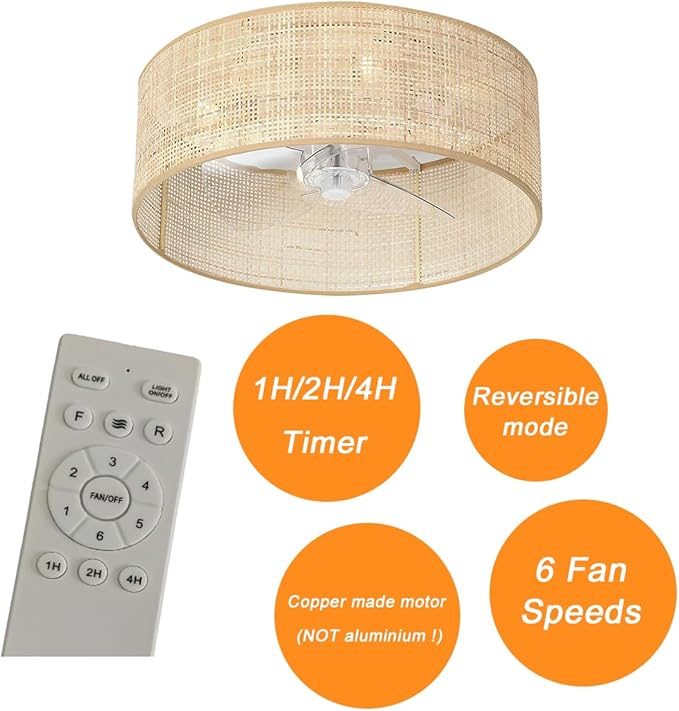 Bamboo Small DC Ceiling Fan with Light Fixture and Remote Control,Boho Enclosed Wicker Caged Flush Mount Rattan Cage Drum Low Profile Fandelier for Kitchen Nursery Bedroom Indoor Office Dining Room