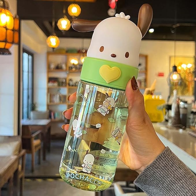 Kawaii Cartoon Water Bottle, 500ML Cute Anime Portable Drinking Bottle for Outdoor, Office, Travel, Birthday Gift Green
