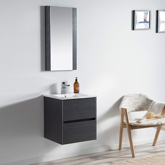 Blossom Single Bathroom Vanity with Ceramic Sink and Mirror | All Wood Floating Vanity Cabinet | 2 Soft-Closing U-Shaped Cutout Drawers | 20" w/Ceramic Sink and Mirror, Silver Grey
