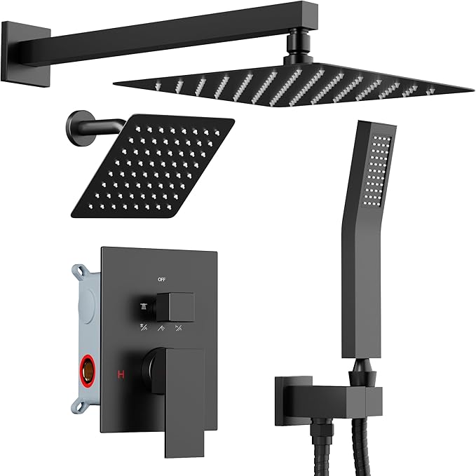 Shower Faucet Set Matte Black Shower System, STARBATH 12+6" Dual Rain Shower Head with Handheld Spray for Two People,Wall Mount Rainfall 3 Way Shower Valve with 5 Diverter and Trim Kit Complete