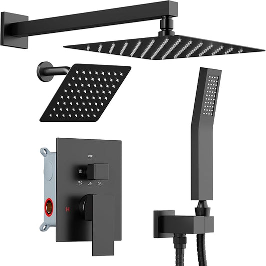 Shower Faucet Set Matte Black Shower System, STARBATH 12+6" Dual Rain Shower Head with Handheld Spray for Two People,Wall Mount Rainfall 3 Way Shower Valve with 5 Diverter and Trim Kit Complete