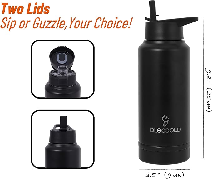 DLOCCOLD 32 oz sports water bottle Insulated Stainless Steel Water Bottle with straw & pills holder, Reusable Double Walled Water Bottle for Sports, Gym, Travel, Men, Women & Kids W/ 2 Leak Proof Lids