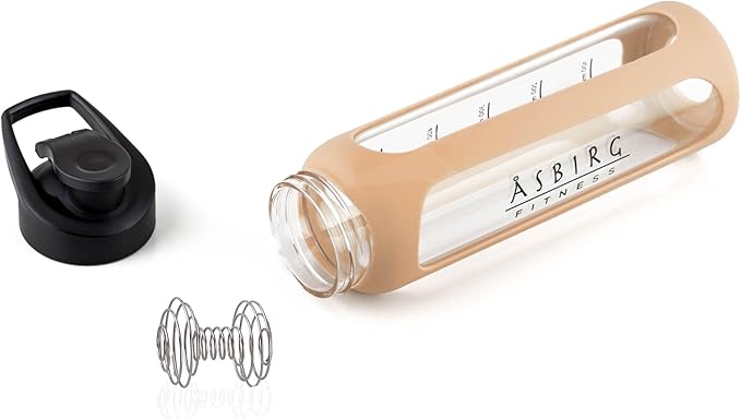 Fitness | Protein Shaker Made of Glass | Protein Shaker | Drinking Bottle | with Spiral Ball | Beige
