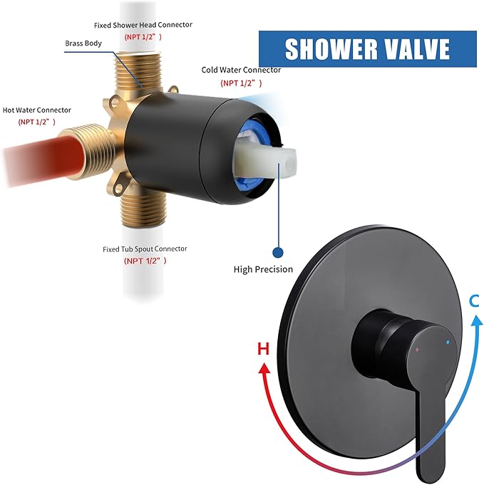 Tohlar Black Shower Faucet Set with Valve, 6-Inch Rain Shower Head and Faucet Combo, Single Handle Tub and Shower Trim Kit with Tub Spout, Matte Black