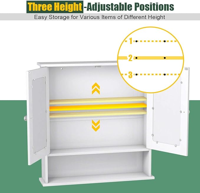 Tangkula Bathroom Medicine Cabinet with Mirror, Wall Mounted Wooden Hanging Organizer with Doors and Shelves, Bathroom Wall Mirror Cabinet (Mirror Doors, White)