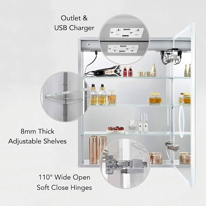 Blossom LED Lighted Mirror Medicine Cabinet, 24x32 Inch, Right Hinge | Recessed or Surface Bathroom LED Medicine Cabinet with Mirror, Defogger, 3 Color Dimmer | 3X Makeup Mirror, Outlets & USB Ports