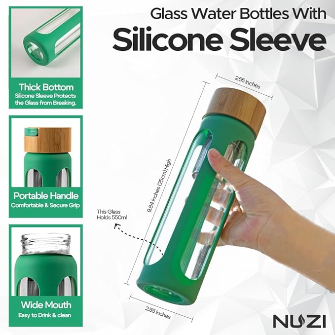 Glass Water Bottles with Stainless Steel Fruit Infuser | Insulated Water Bottle | Reusable Glass Water Bottles with Silicone Sleeve & Bamboo Lid | BPA Free and Leakproof | Sea Green | 1 Pc